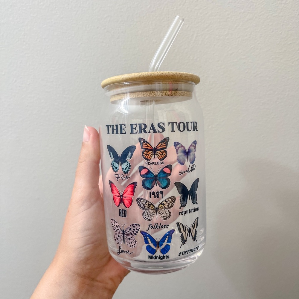 Eras Tour Butterflies Glass Cup With Lid And Straw